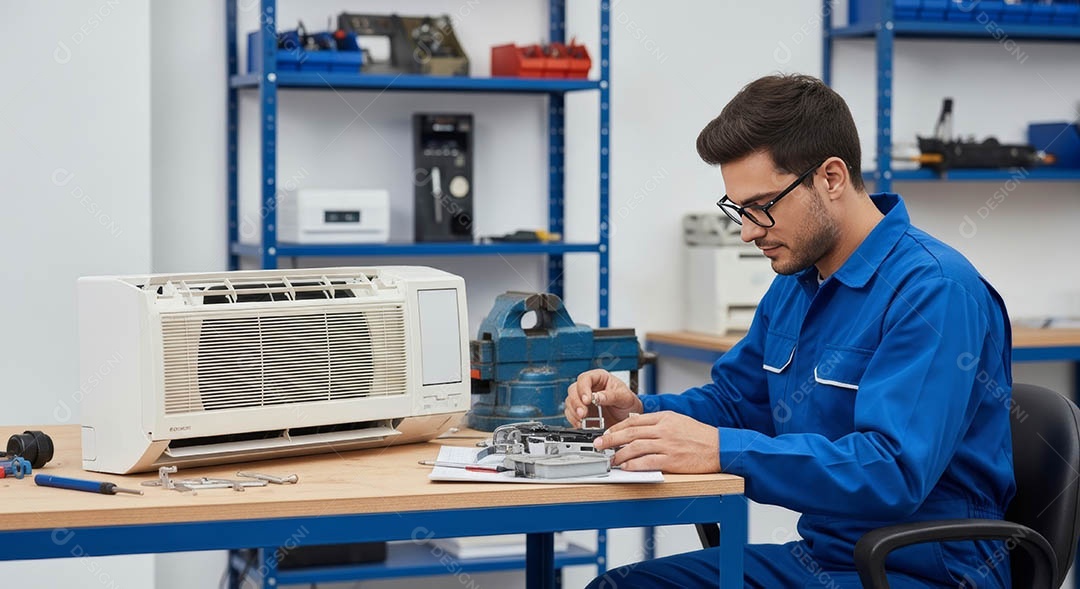 Técnico instalando uma unidade de ar-condicionado.
