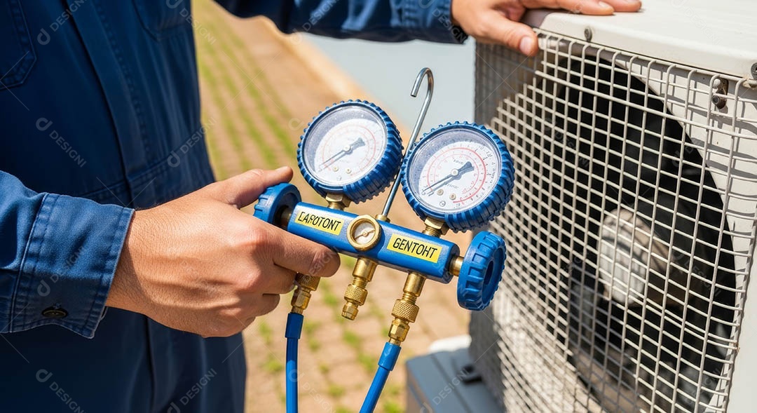 Técnico instalando uma unidade de ar-condicionado.