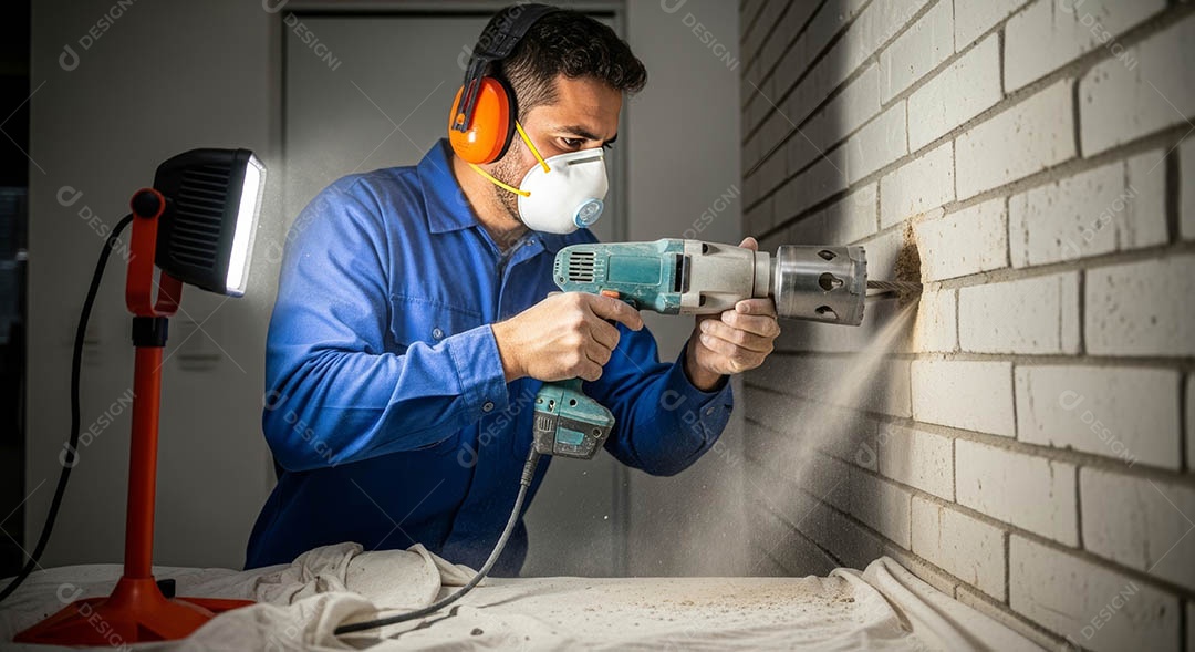 Técnico instalando uma unidade de ar-condicionado usando uma furadeira para fazer um furo em uma parede de tijolos.