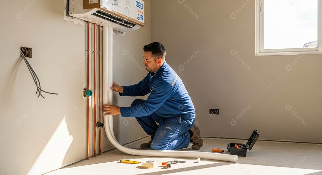 Técnico instalando uma unidade de ar-condicionado.