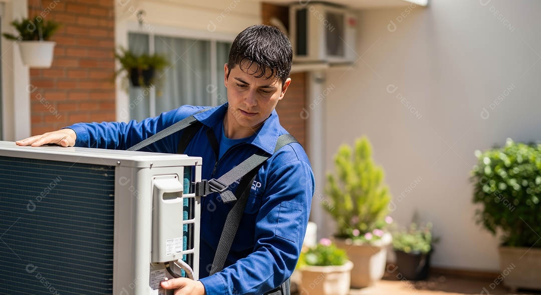 Técnico instalando uma unidade de ar-condicionado.