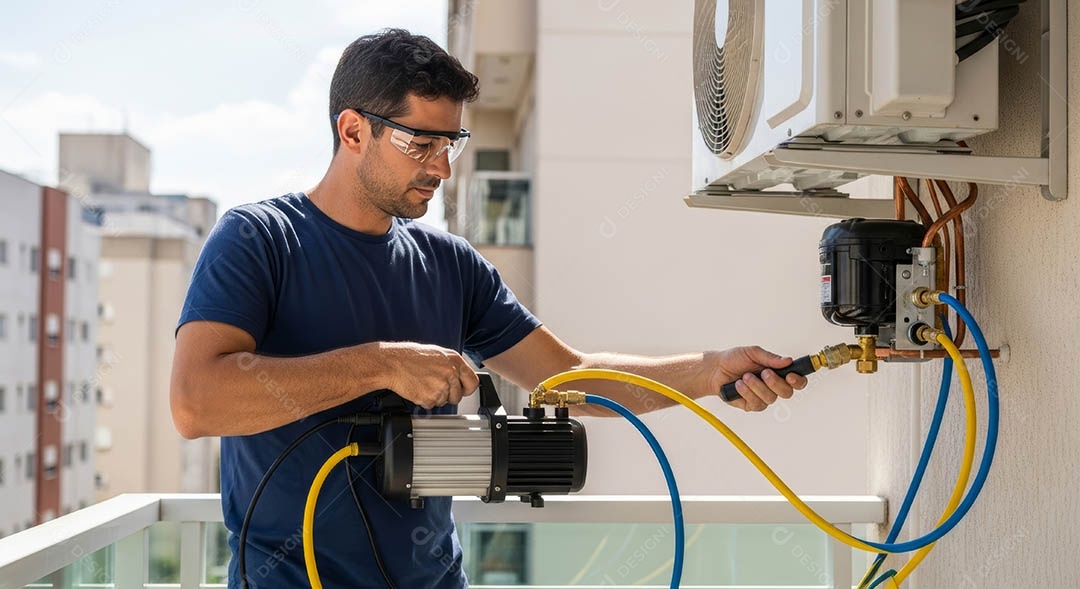 Técnico instalando uma unidade de ar-condicionado.