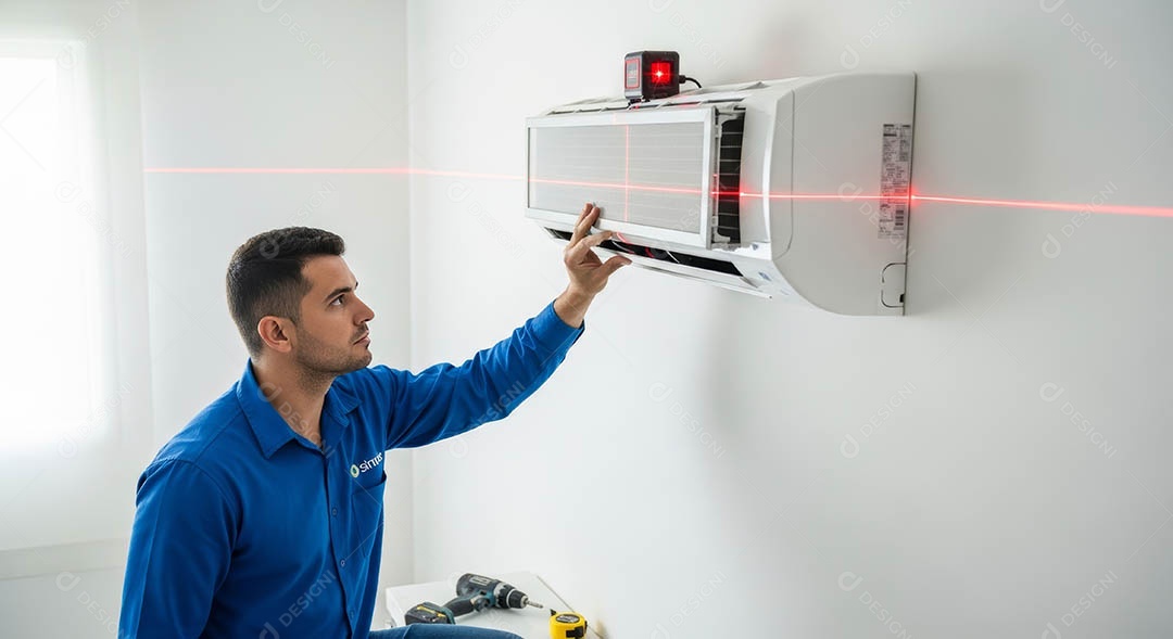 Técnico instalando uma unidade de ar-condicionado.