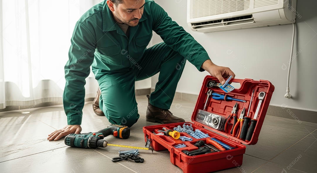 Técnico instalando uma unidade de ar-condicionado.