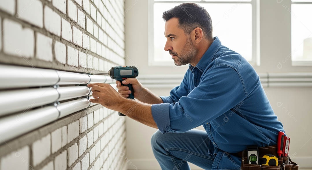 Técnico instalando uma unidade de ar-condicionado.
