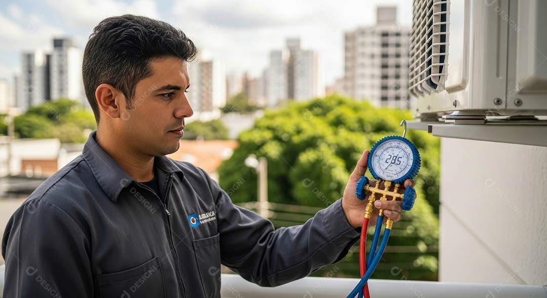Técnico instalando uma unidade de ar-condicionado.