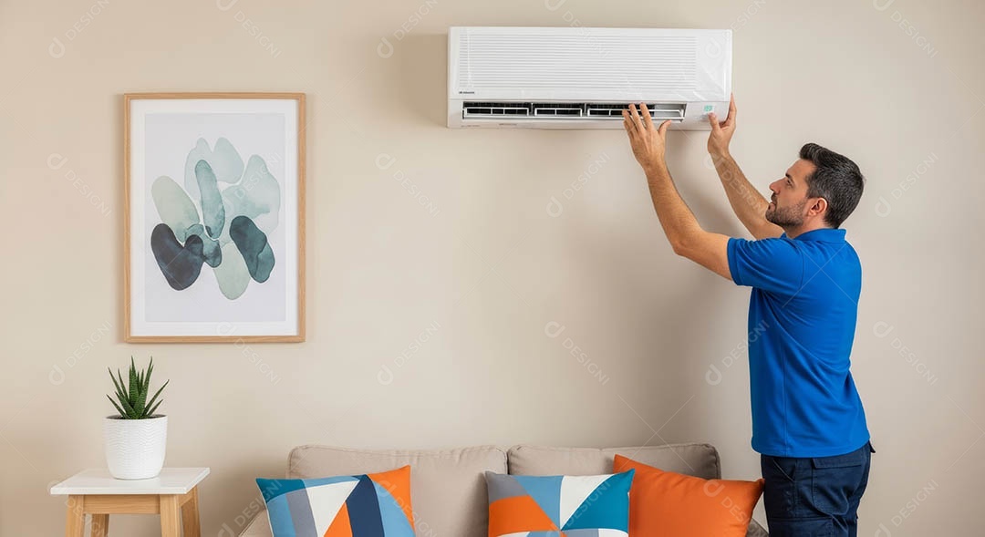 Técnico instalando uma unidade de ar-condicionado.