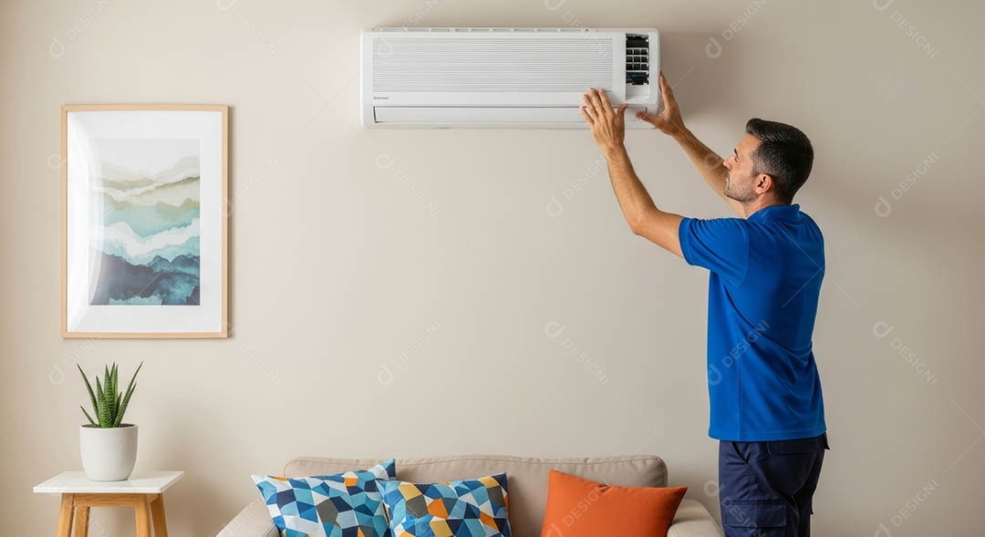 Técnico instalando uma unidade de ar-condicionado.