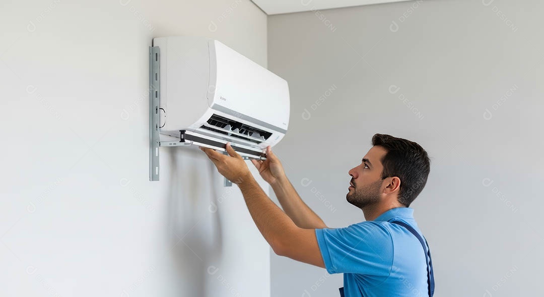 Técnico instalando uma unidade de ar-condicionado.