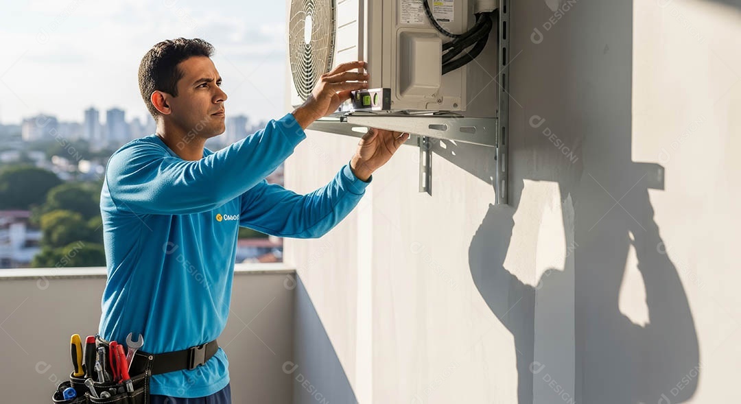 Técnico instalando uma unidade de ar-condicionado.