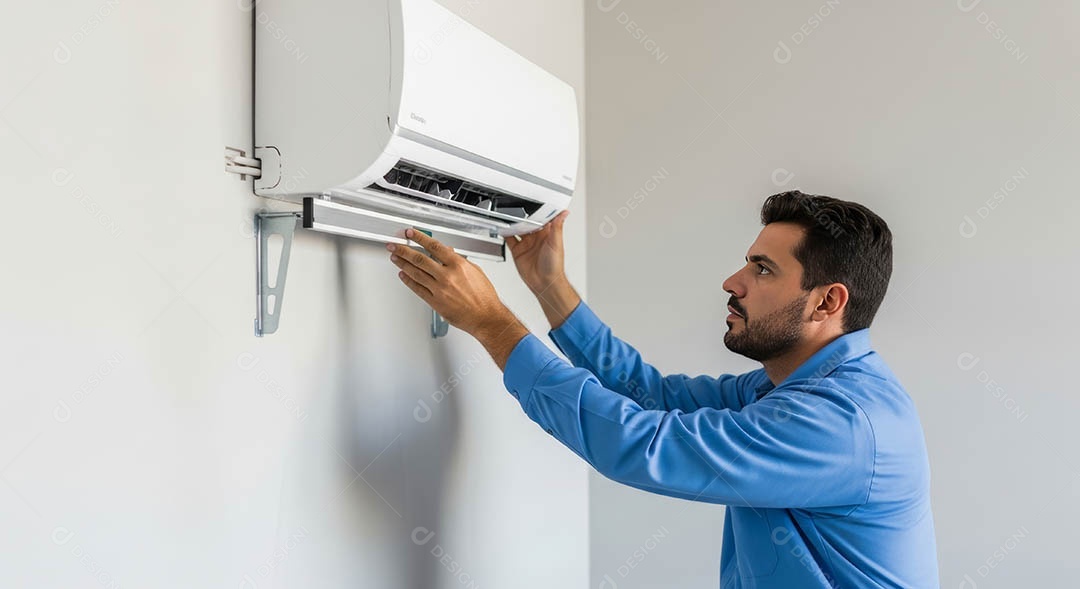 Técnico instalando uma unidade de ar-condicionado.