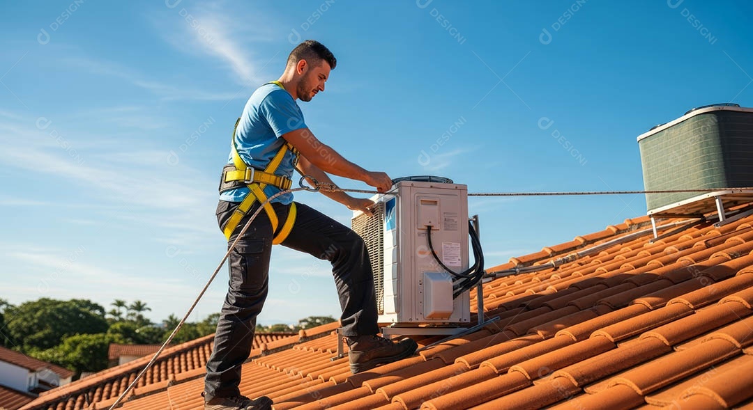 Técnico instalando uma unidade de ar-condicionado.