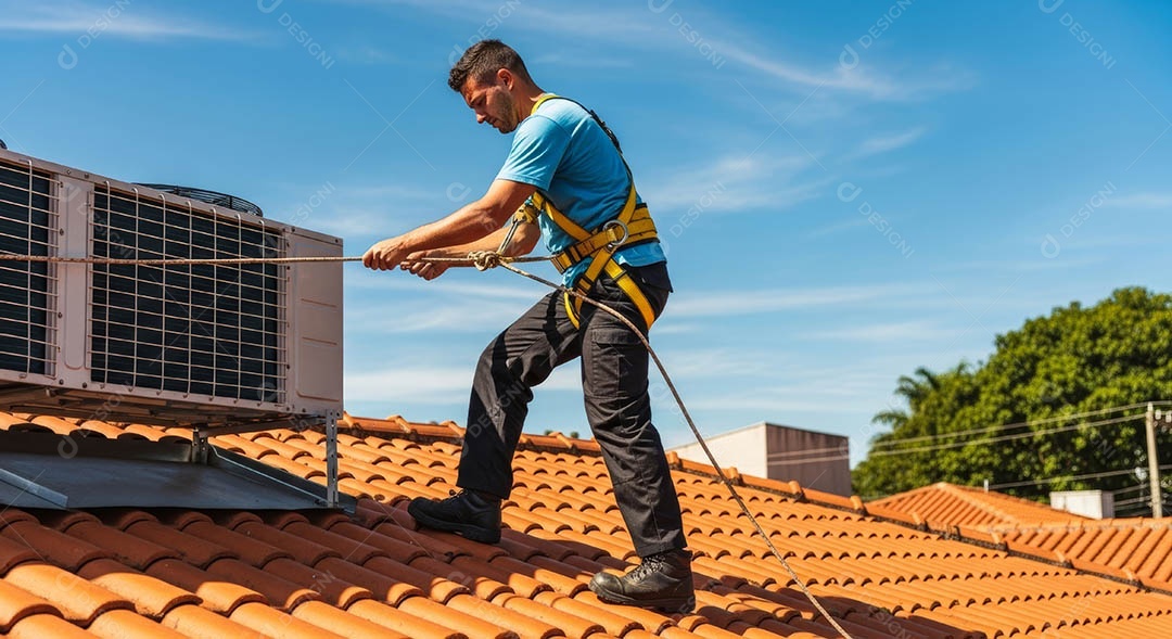 Técnico instalando uma unidade de ar-condicionado.