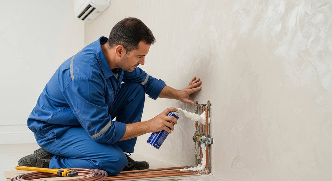 Técnico instalando uma unidade de ar-condicionado.