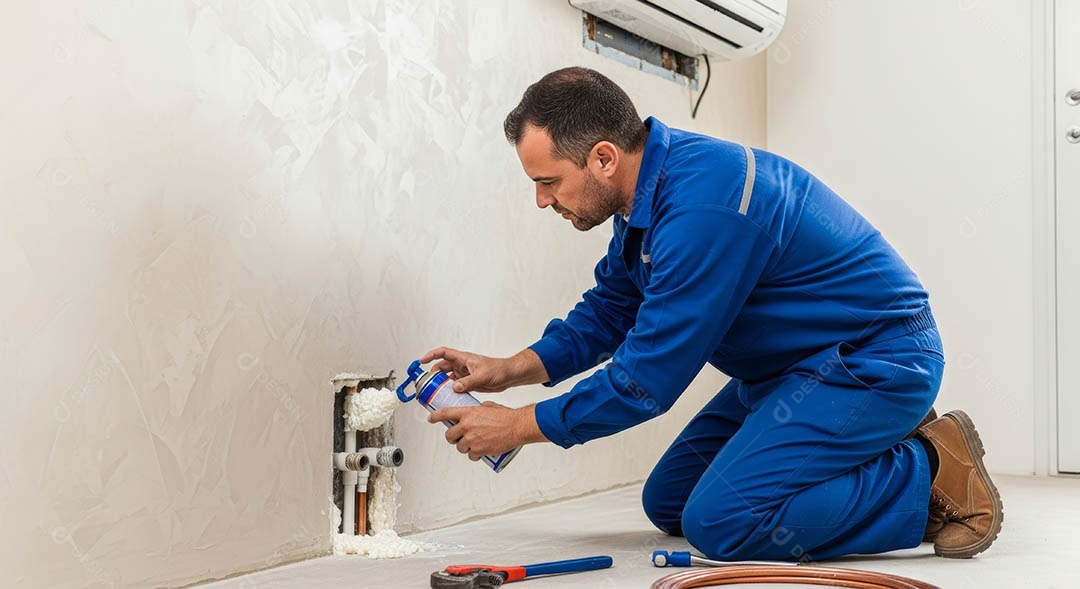 Técnico instalando uma unidade de ar-condicionado.