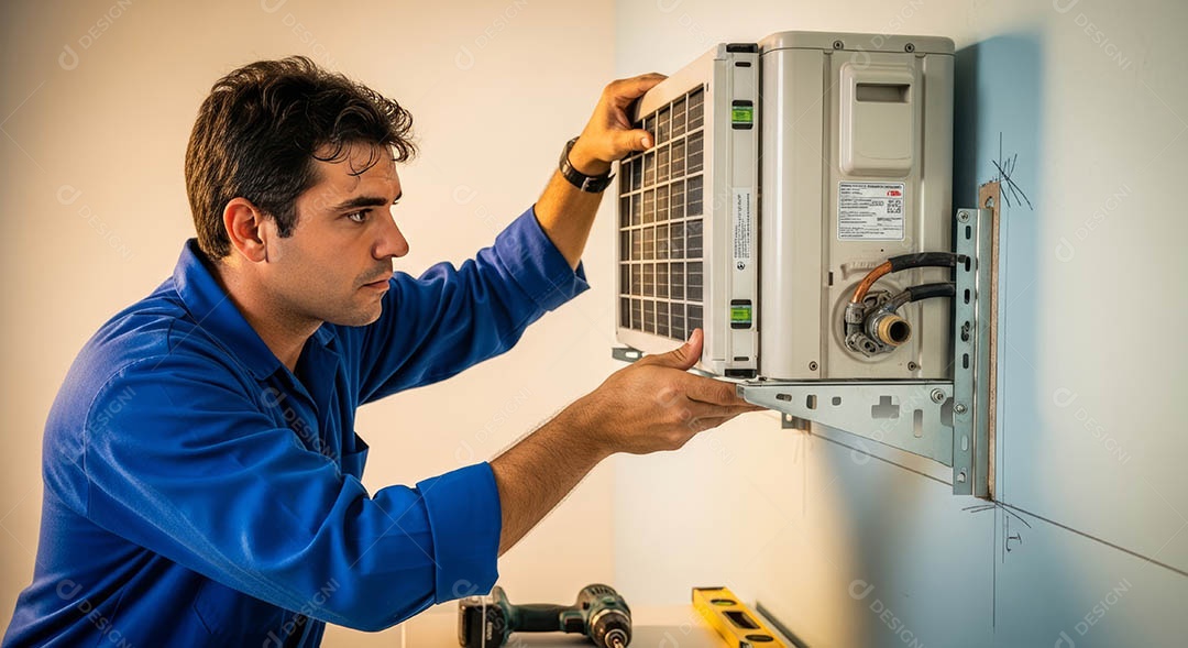 Técnico instalando uma unidade de ar-condicionado.