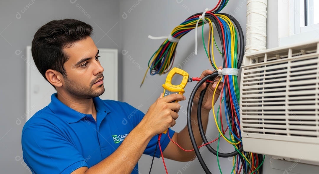Técnico instalando uma unidade de ar-condicionado.