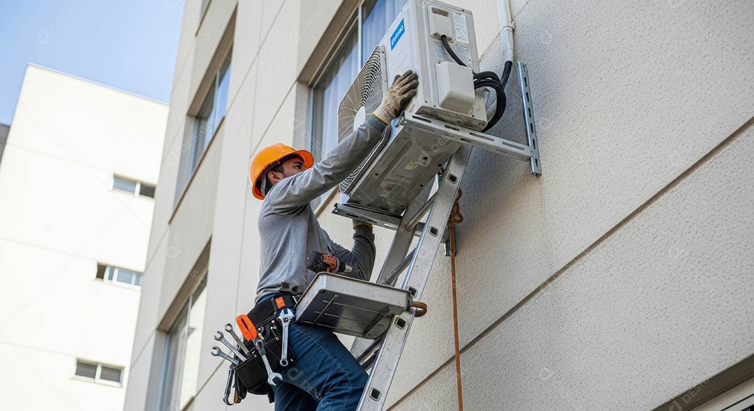 Técnico instalando uma unidade de ar-condicionado.