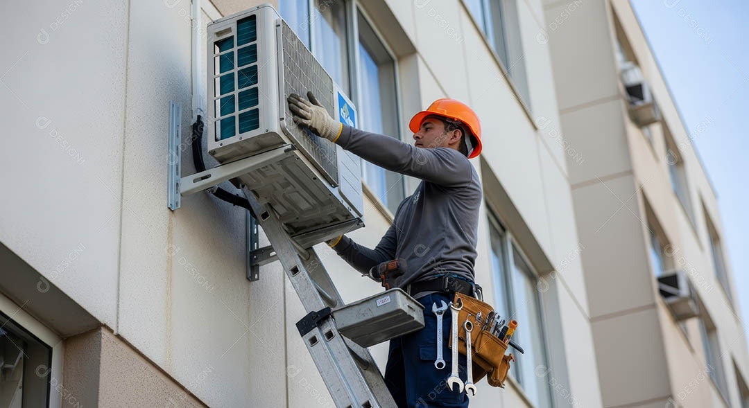 Técnico instalando uma unidade de ar-condicionado.