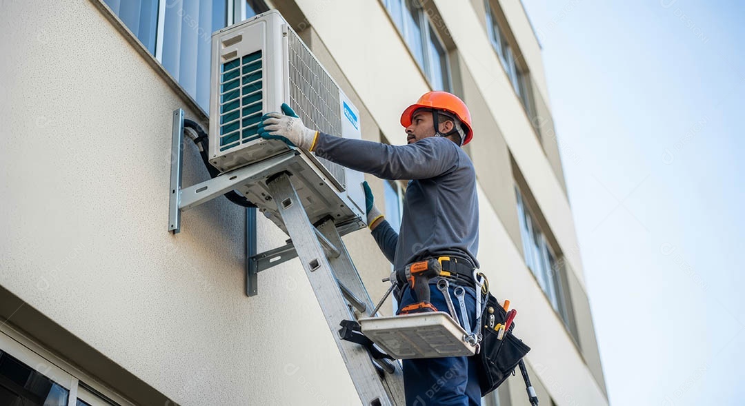 Técnico instalando uma unidade de ar-condicionado.