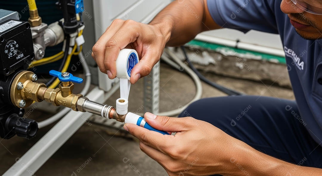 Técnico instalando uma unidade de ar-condicionado.