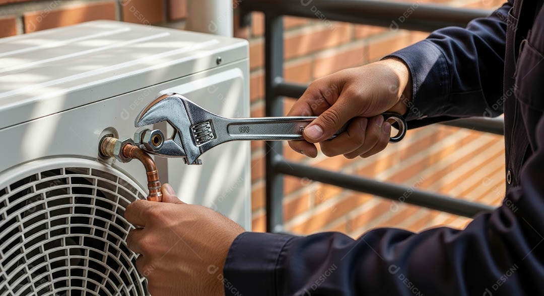 Técnico instalando uma unidade de ar-condicionado.