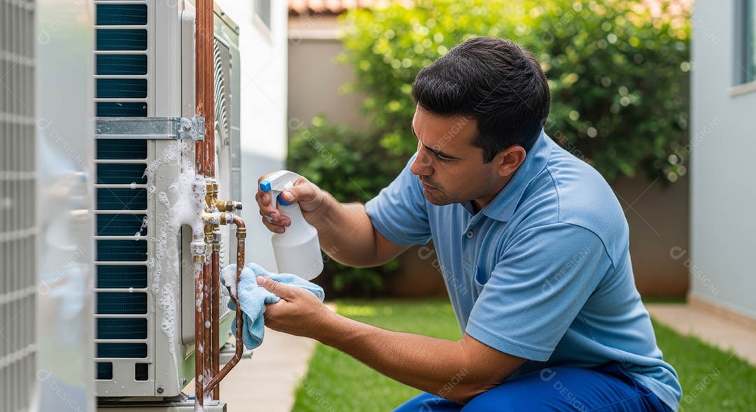 Técnico instalando uma unidade de ar-condicionado.