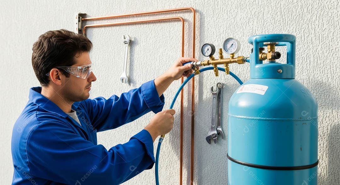 Técnico instalando uma unidade de ar-condicionado.