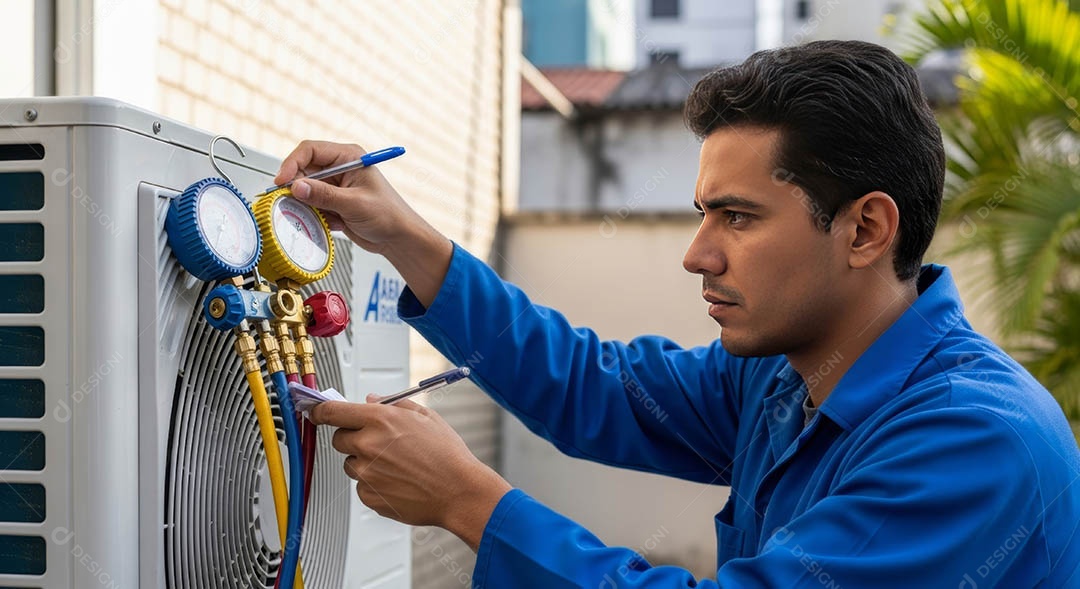 Técnico instalando uma unidade de ar-condicionado.