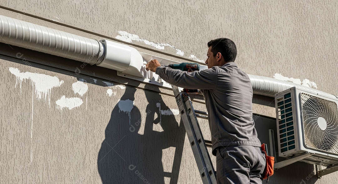 Técnico instalando uma unidade de ar-condicionado.
