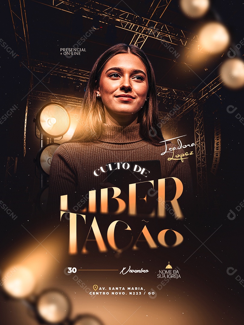 Flyer Gospel Culto de Libertação Social Media PSD Editável