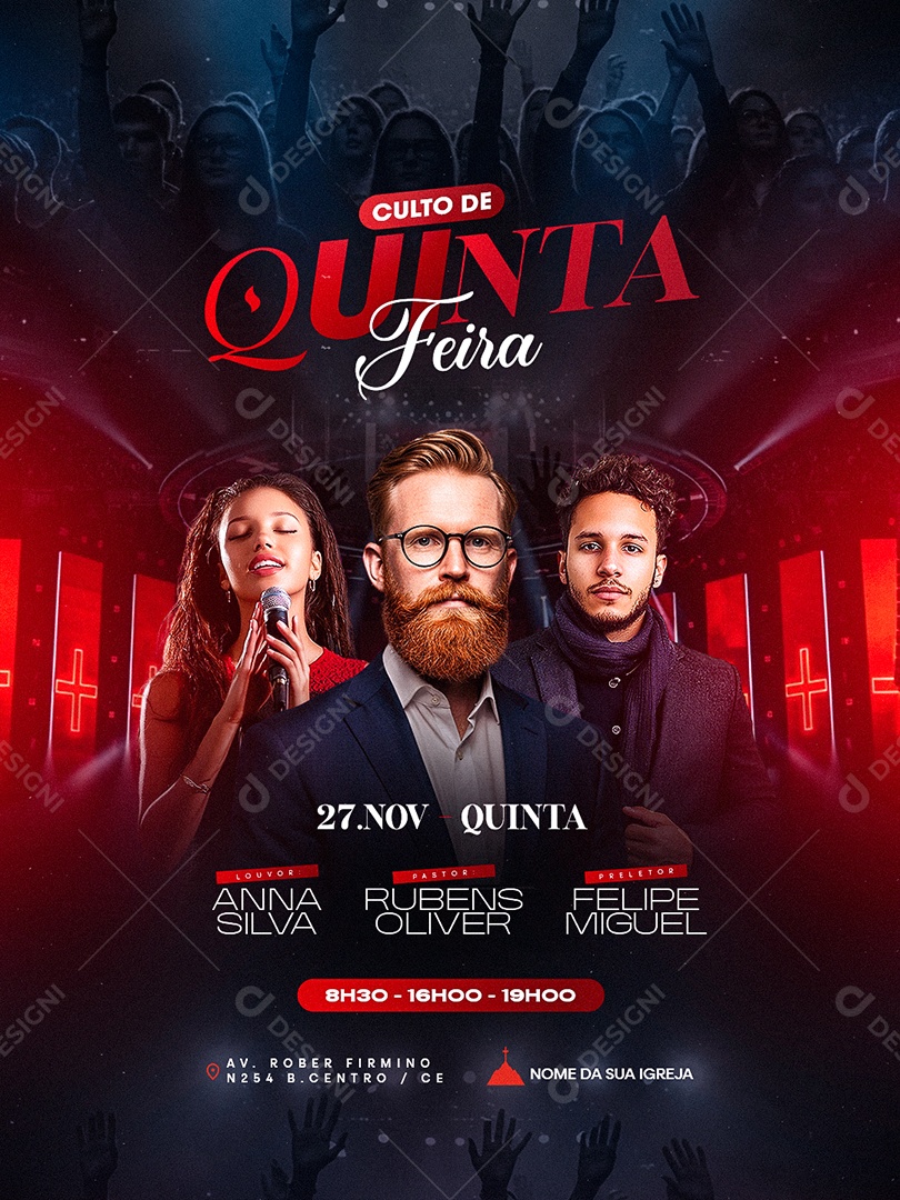 Flyer Gospel Culto de Quinta Feira Social Media PSD Editável