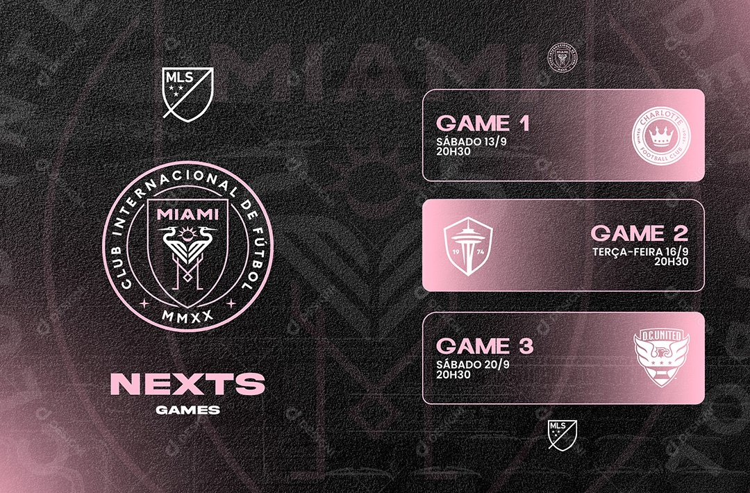 Arte Inter Miami agenda próximos jogos MLS Futebol PSD Editável