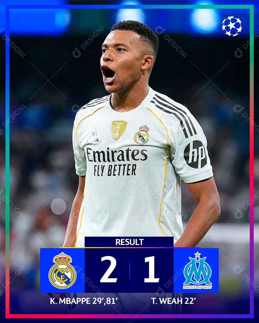 Arte resultado Real Madrid 2 x 1 Olympique de Marseille Champions League Futebol PSD Editável