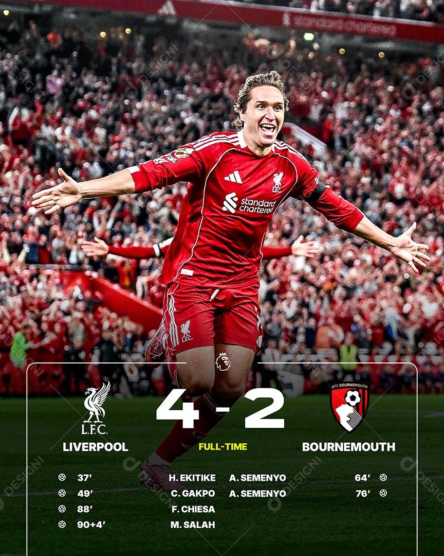 Arte resultado Liverpool 4x2 Bournemouth Premier League Futebol PSD Editável