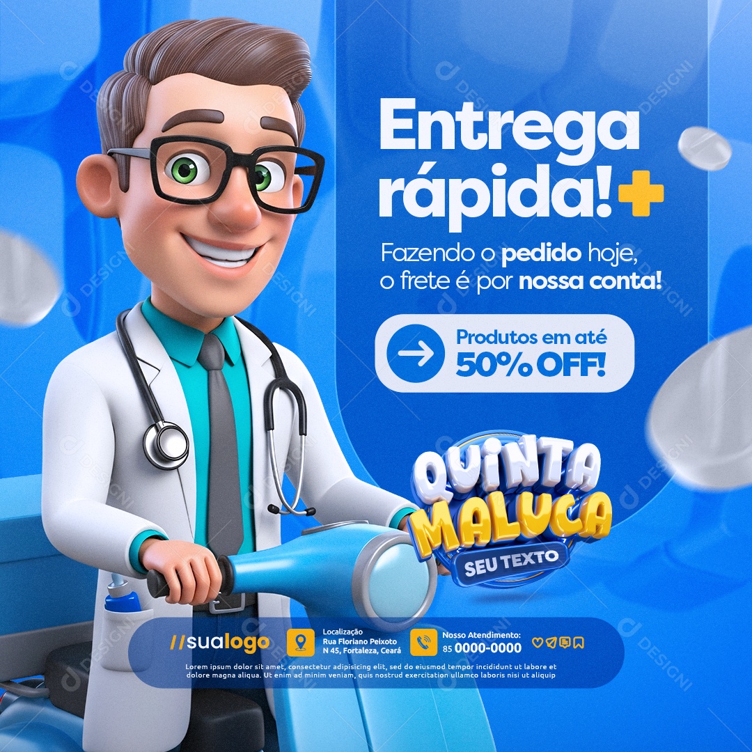 Quinta Maluca Farmácia Entrega Rápida Social Media PSD Editável