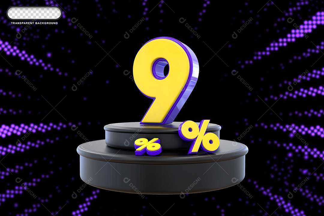 Pódio de Desconto 9% Roxo e Amarelo Elemento 3D para Composição PSD