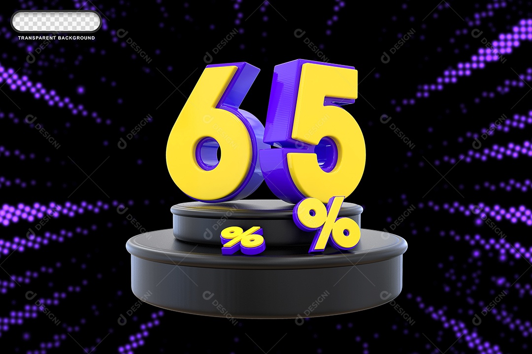 Pódio de Desconto 65% Roxo e Amarelo Elemento 3D para Composição PSD
