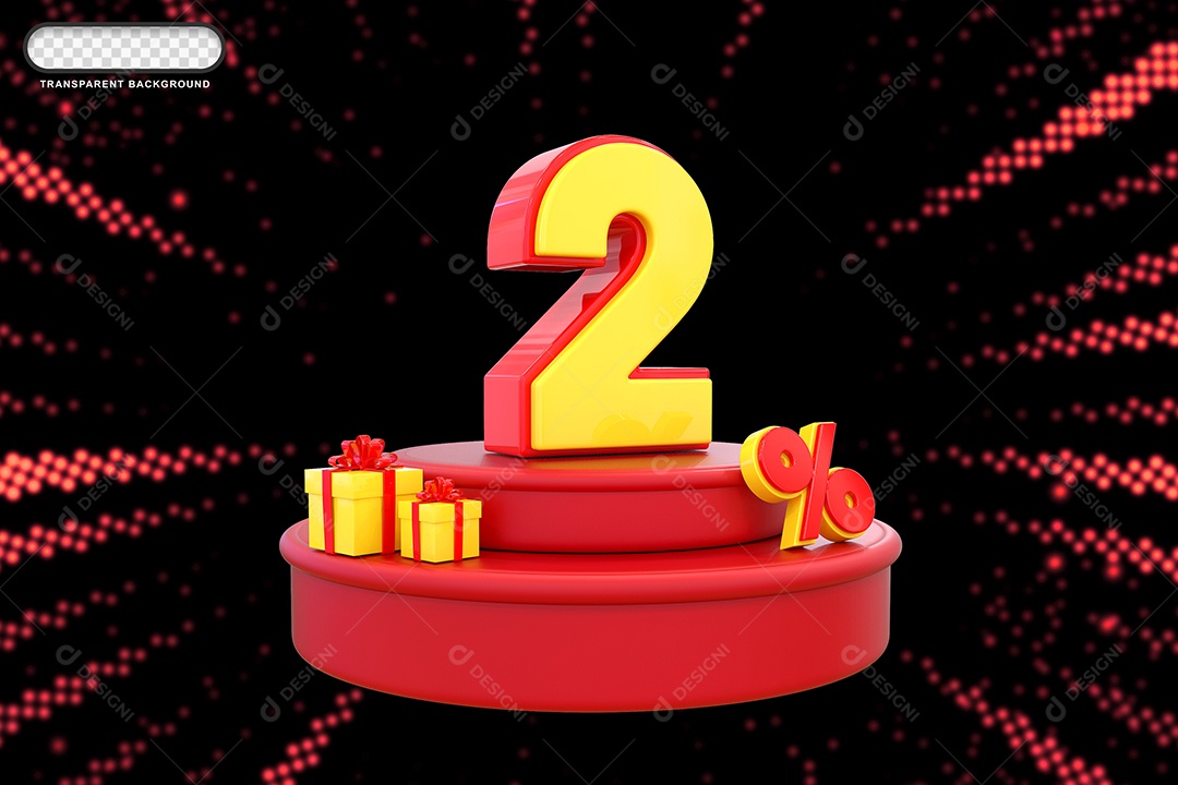 Pódio de Desconto 2% Vermelho e Amarelo Elemento 3D para Composição PSD