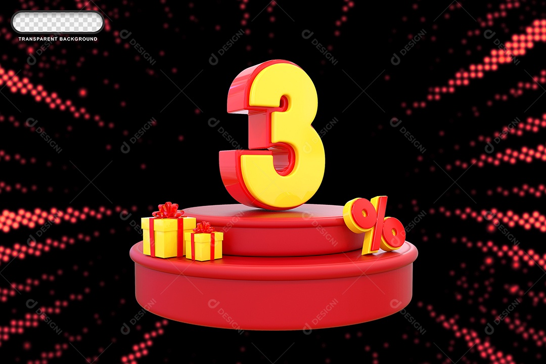 Pódio de Desconto 3% Vermelho e Amarelo Elemento 3D para Composição PSD