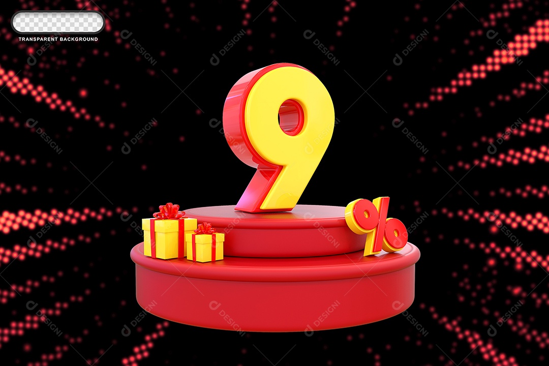 Pódio de Desconto 9% Vermelho e Amarelo Elemento 3D para Composição PSD