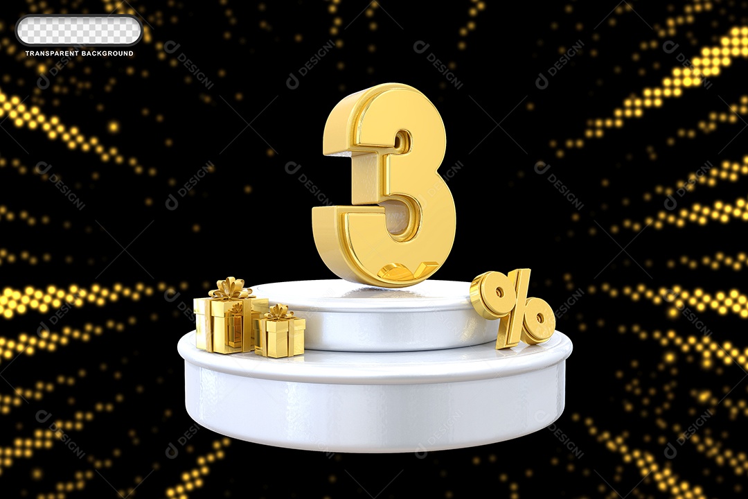 Pódio de Desconto 3% Dourado e Branco Elemento 3D para Composição PSD