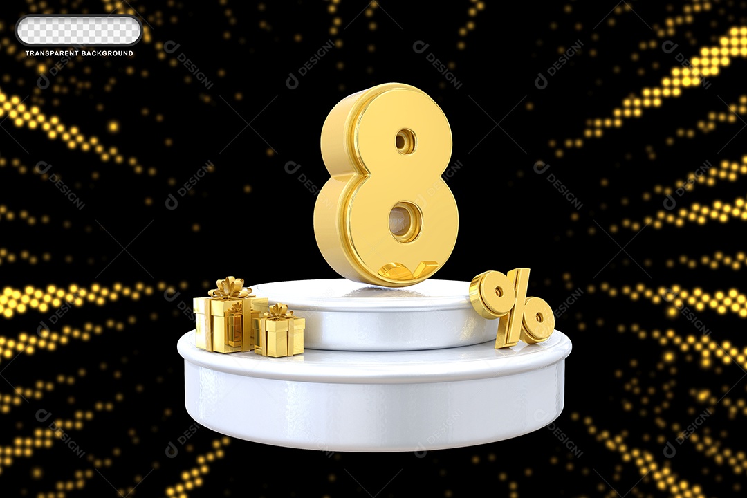 Pódio de Desconto 8% Dourado e Branco Elemento 3D para Composição PSD