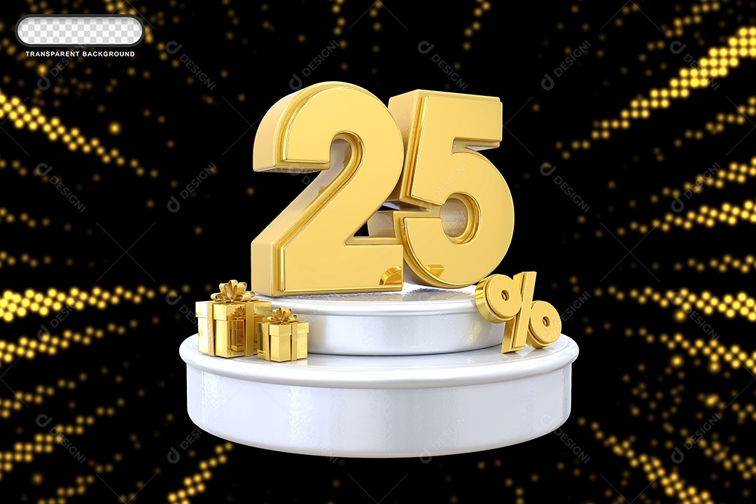 Pódio de Desconto 25% Dourado e Branco Elemento 3D para Composição PSD