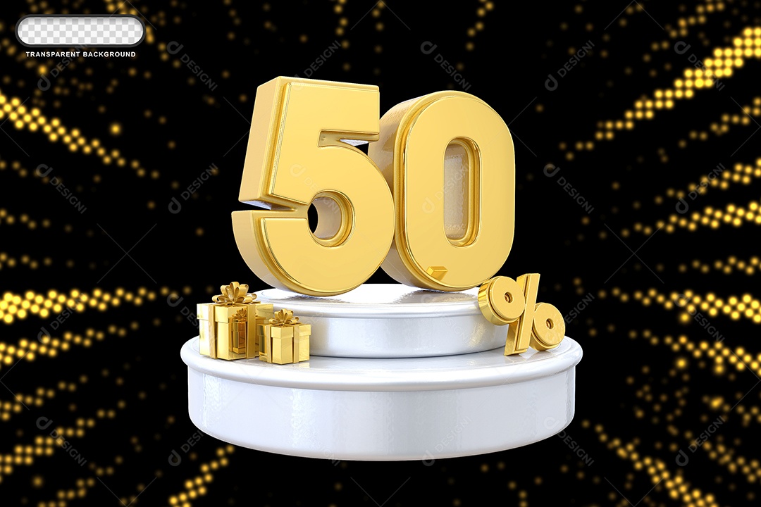 Pódio de Desconto 50% Dourado e Branco Elemento 3D para Composição PSD