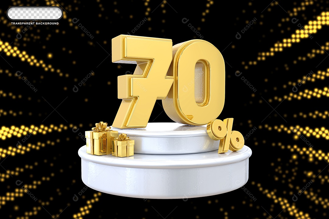 Pódio de Desconto 70% Dourado e Branco Elemento 3D para Composição PSD