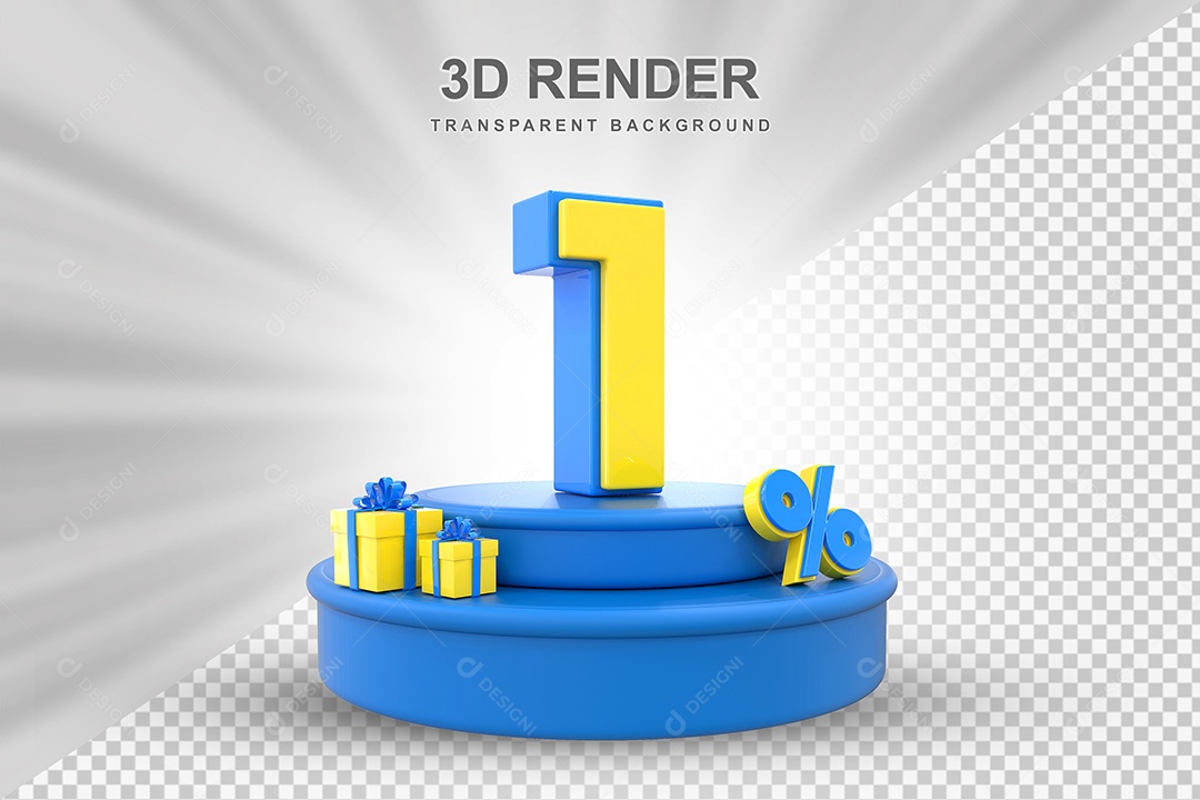 Pódio de Desconto 1% Azul e Amarelo Elemento 3D para Composição PSD