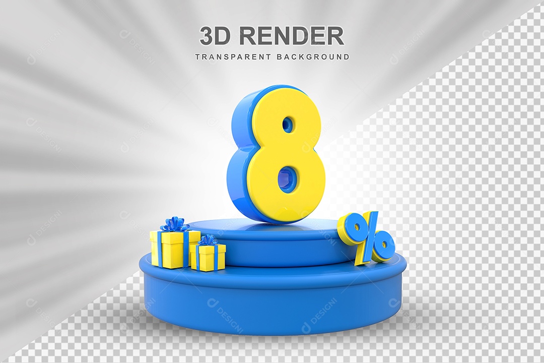 Pódio de Desconto 8% Azul e Amarelo Elemento 3D para Composição PSD