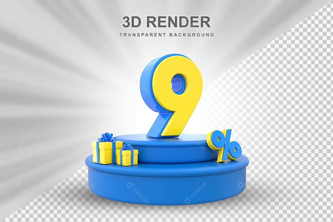 Pódio de Desconto 9% Azul e Amarelo Elemento 3D para Composição PSD