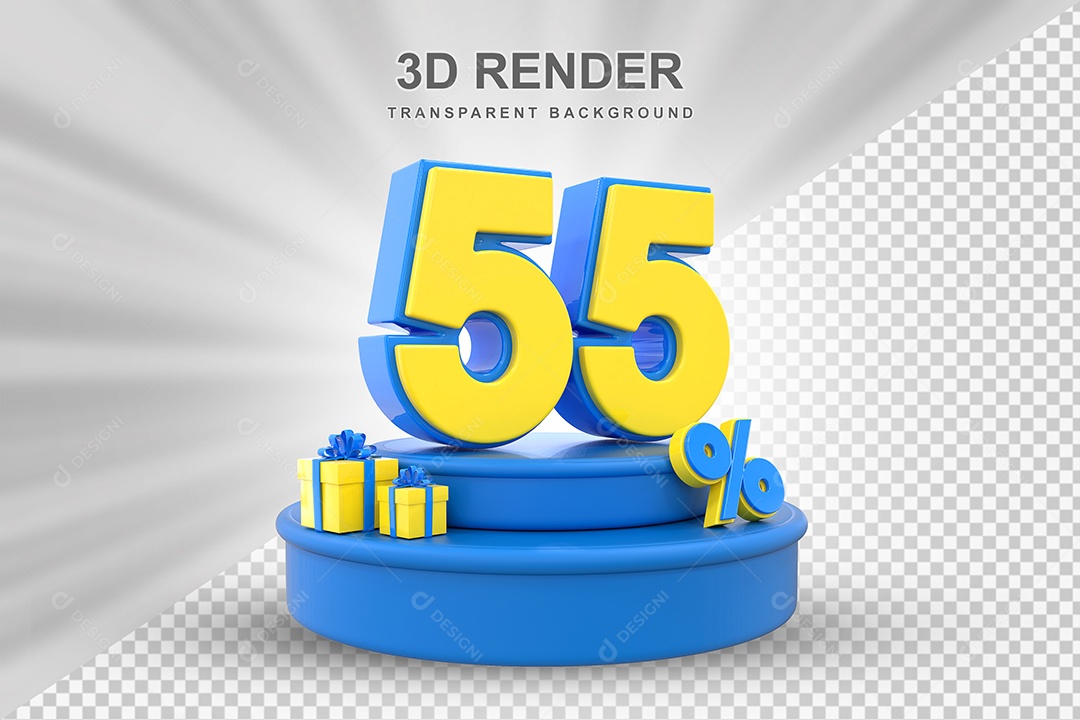 Pódio de Desconto 55% Azul e Amarelo Elemento 3D para Composição PSD